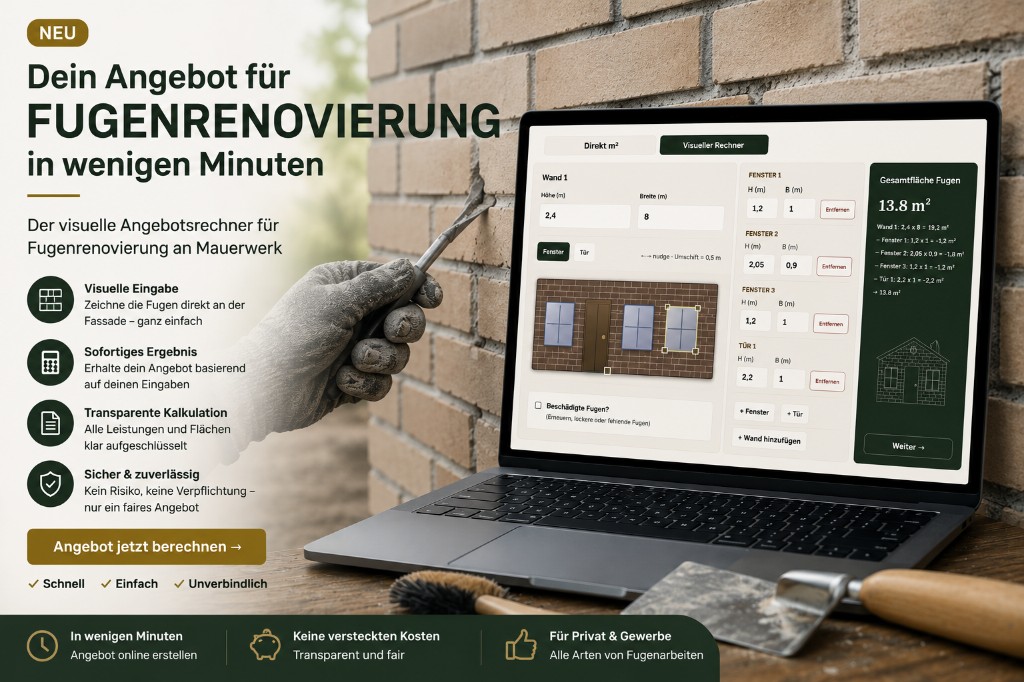 Dein Angebot für Fugenrenovierung in wenigen Minuten — visueller Angebotsrechner für Mauerwerk